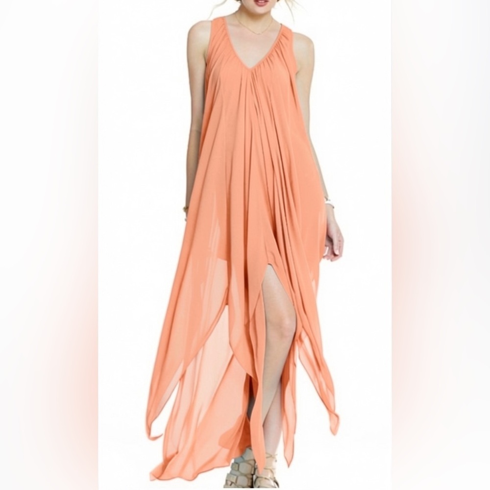 Michael Kors Chiffon Assymmetrical Sleeveless Maxi Dress Peach